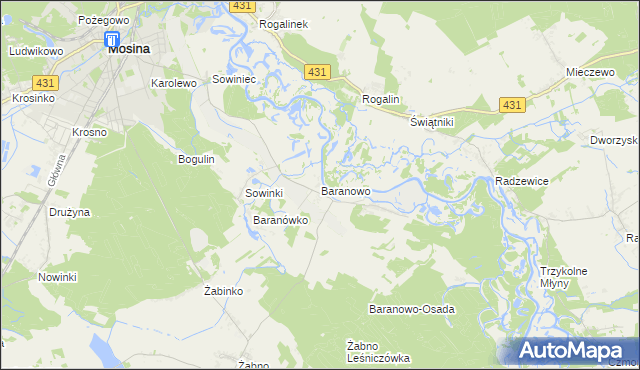 mapa Baranowo gmina Mosina, Baranowo gmina Mosina na mapie Targeo