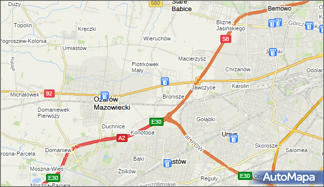 mapa Bronisze gmina Ożarów Mazowiecki, Bronisze gmina Ożarów Mazowiecki na mapie Targeo
