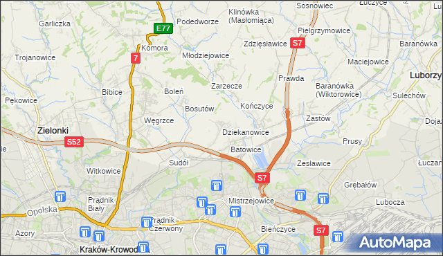 mapa Dziekanowice gmina Zielonki, Dziekanowice gmina Zielonki na mapie Targeo