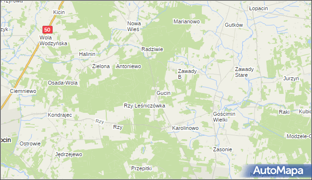 mapa Gucin gmina Nowe Miasto, Gucin gmina Nowe Miasto na mapie Targeo