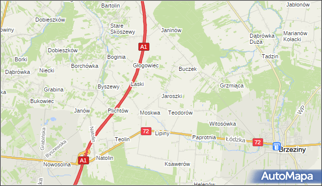 mapa Jaroszki gmina Brzeziny, Jaroszki gmina Brzeziny na mapie Targeo