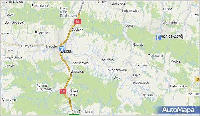 mapa Jasionka gmina Dukla, Jasionka gmina Dukla na mapie Targeo