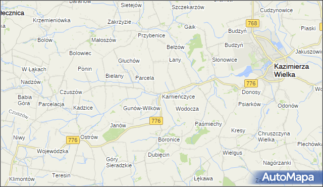 mapa Kamieńczyce gmina Kazimierza Wielka, Kamieńczyce gmina Kazimierza Wielka na mapie Targeo