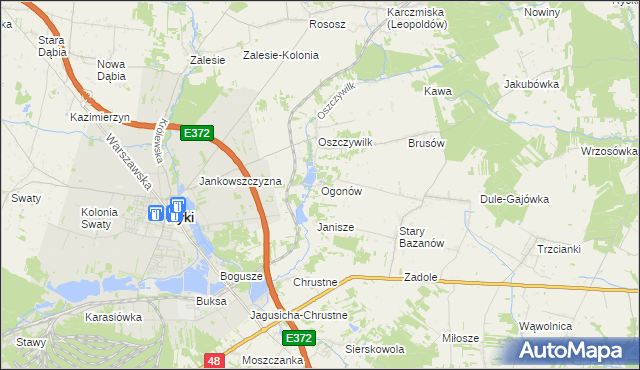 mapa Ogonów gmina Ryki, Ogonów gmina Ryki na mapie Targeo