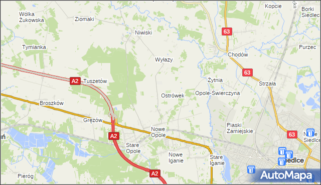 mapa Ostrówek gmina Siedlce, Ostrówek gmina Siedlce na mapie Targeo