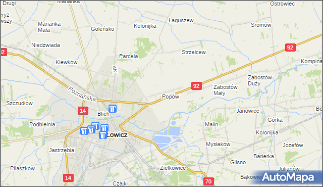 mapa Popów gmina Łowicz, Popów gmina Łowicz na mapie Targeo