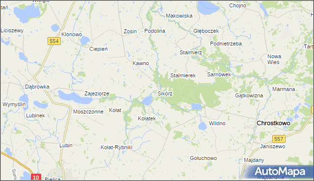 mapa Sikórz gmina Chrostkowo, Sikórz gmina Chrostkowo na mapie Targeo