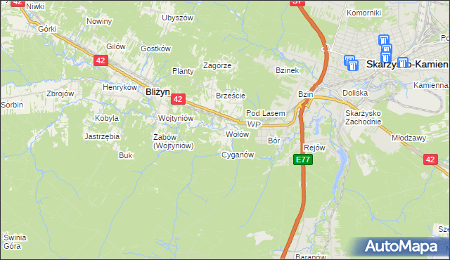 mapa Wołów gmina Bliżyn, Wołów gmina Bliżyn na mapie Targeo