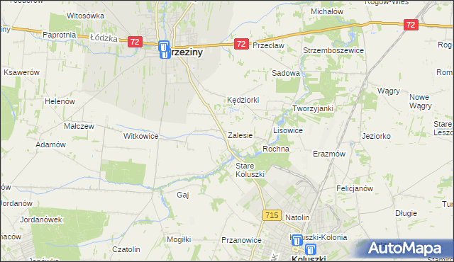 mapa Zalesie gmina Brzeziny, Zalesie gmina Brzeziny na mapie Targeo