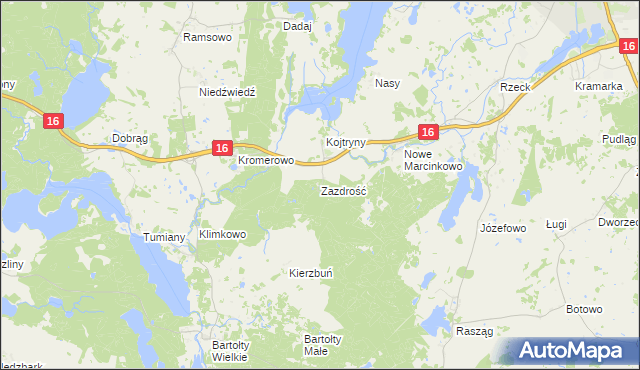 mapa Zazdrość gmina Biskupiec, Zazdrość gmina Biskupiec na mapie Targeo