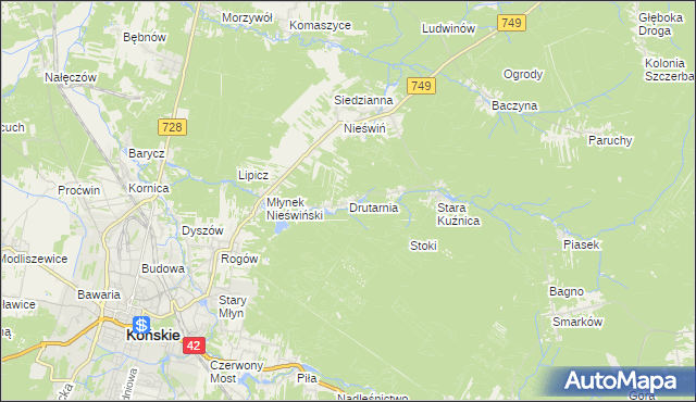 mapa Drutarnia gmina Końskie, Drutarnia gmina Końskie na mapie Targeo