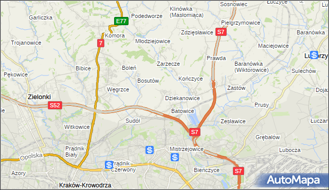 mapa Dziekanowice gmina Zielonki, Dziekanowice gmina Zielonki na mapie Targeo