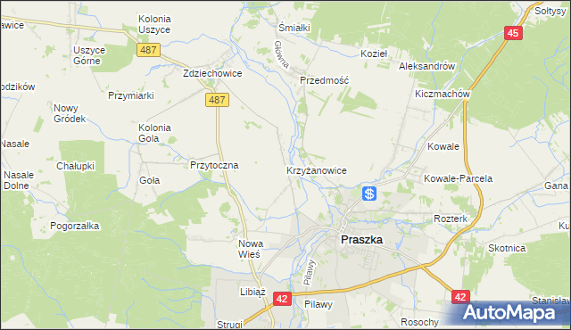 mapa Krzyżanowice gmina Gorzów Śląski, Krzyżanowice gmina Gorzów Śląski na mapie Targeo