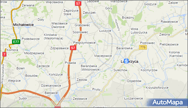 mapa Maciejowice gmina Kocmyrzów-Luborzyca, Maciejowice gmina Kocmyrzów-Luborzyca na mapie Targeo