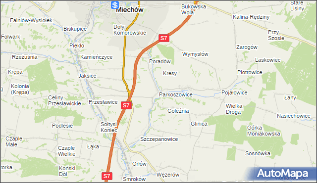 mapa Parkoszowice gmina Miechów, Parkoszowice gmina Miechów na mapie Targeo