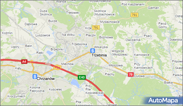 mapa Trzebinia powiat chrzanowski, Trzebinia powiat chrzanowski na mapie Targeo