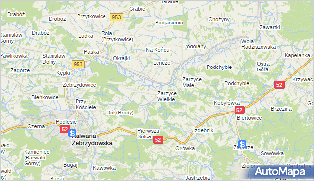 mapa Zarzyce Wielkie, Zarzyce Wielkie na mapie Targeo