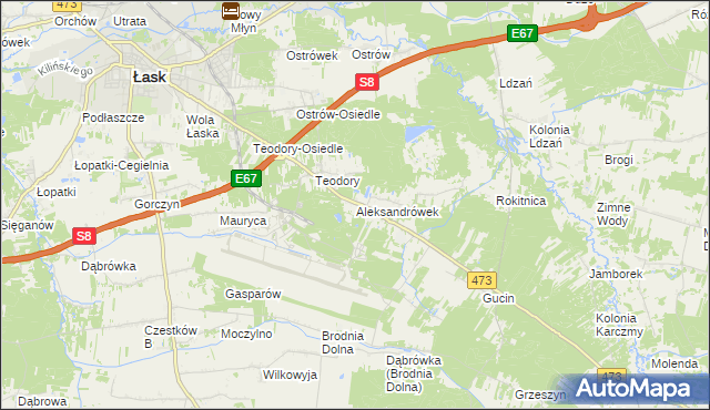 mapa Aleksandrówek gmina Łask, Aleksandrówek gmina Łask na mapie Targeo