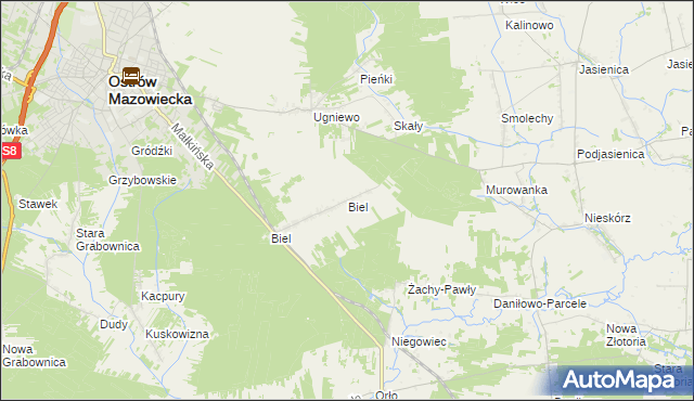 mapa Biel gmina Ostrów Mazowiecka, Biel gmina Ostrów Mazowiecka na mapie Targeo