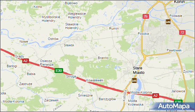 mapa Branno gmina Rzgów, Branno gmina Rzgów na mapie Targeo