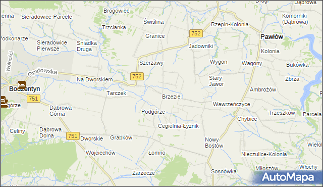 mapa Brzezie gmina Pawłów, Brzezie gmina Pawłów na mapie Targeo