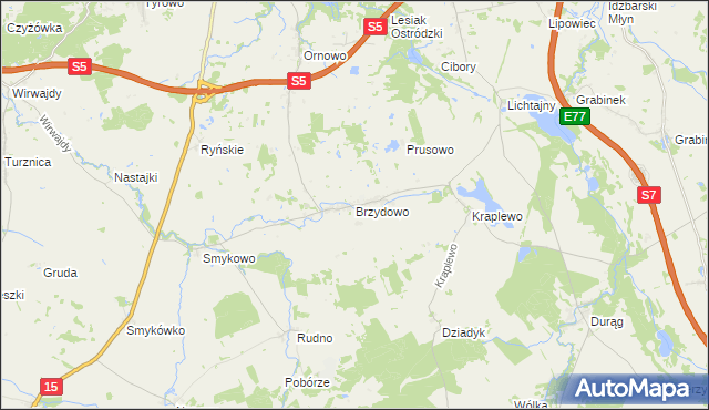 mapa Brzydowo gmina Ostróda, Brzydowo gmina Ostróda na mapie Targeo