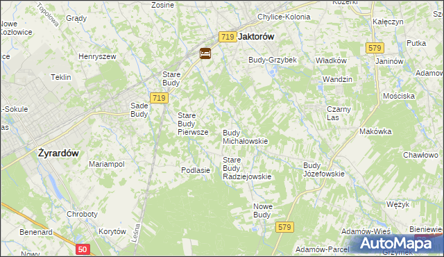 mapa Budy Michałowskie gmina Jaktorów, Budy Michałowskie gmina Jaktorów na mapie Targeo