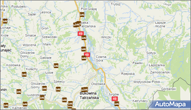 mapa Czarna Góra gmina Bukowina Tatrzańska, Czarna Góra gmina Bukowina Tatrzańska na mapie Targeo