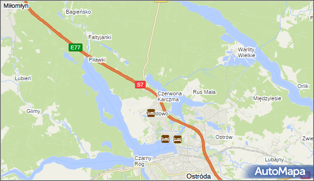 mapa Czerwona Karczma gmina Ostróda, Czerwona Karczma gmina Ostróda na mapie Targeo