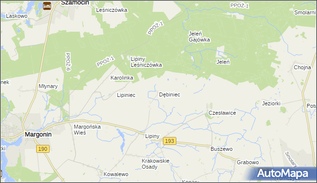 mapa Dębiniec gmina Margonin, Dębiniec gmina Margonin na mapie Targeo