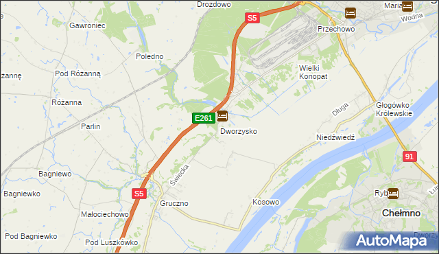 mapa Dworzysko gmina Świecie, Dworzysko gmina Świecie na mapie Targeo