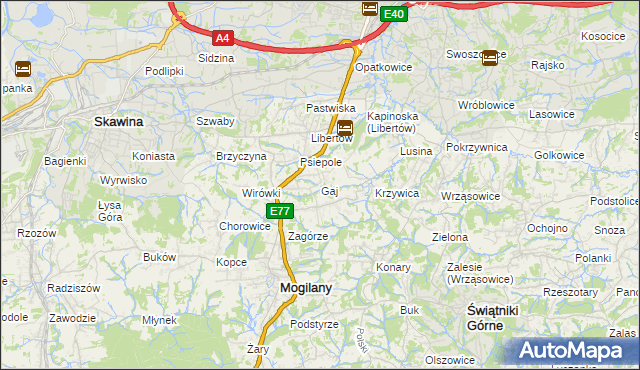 mapa Gaj gmina Mogilany, Gaj gmina Mogilany na mapie Targeo