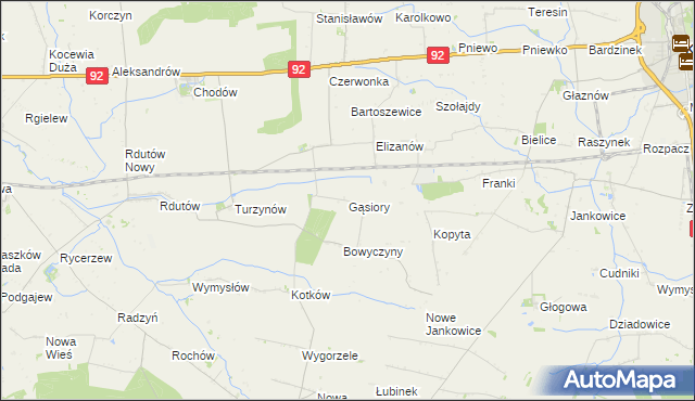 mapa Gąsiory gmina Chodów, Gąsiory gmina Chodów na mapie Targeo