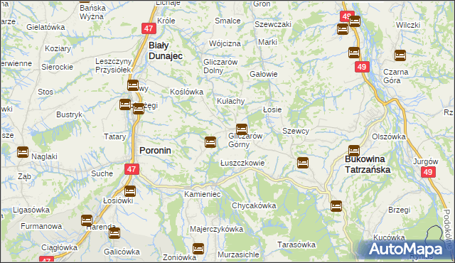 mapa Gliczarów Górny, Gliczarów Górny na mapie Targeo