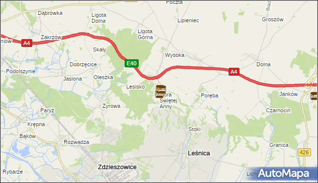 mapa Góra Świętej Anny gmina Leśnica, Góra Świętej Anny gmina Leśnica na mapie Targeo