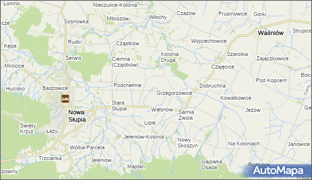 mapa Grzegorzowice gmina Waśniów, Grzegorzowice gmina Waśniów na mapie Targeo