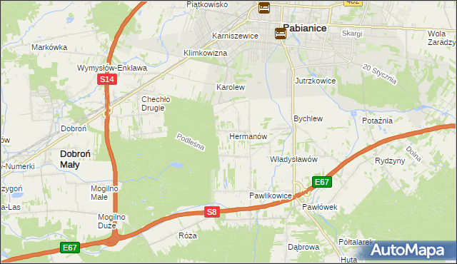mapa Hermanów gmina Pabianice, Hermanów gmina Pabianice na mapie Targeo
