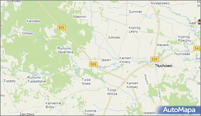 mapa Jasień gmina Tłuchowo, Jasień gmina Tłuchowo na mapie Targeo