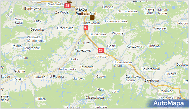 mapa Juszczyn gmina Maków Podhalański, Juszczyn gmina Maków Podhalański na mapie Targeo