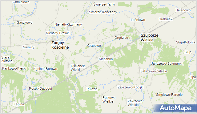 mapa Kietlanka gmina Zaręby Kościelne, Kietlanka gmina Zaręby Kościelne na mapie Targeo