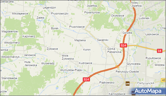 mapa Konin gmina Pabianice, Konin gmina Pabianice na mapie Targeo
