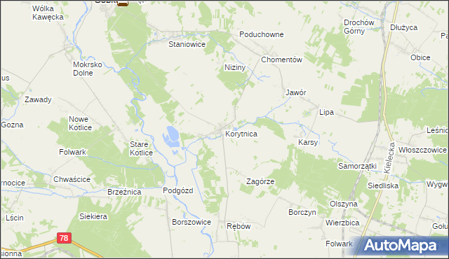 mapa Korytnica gmina Sobków, Korytnica gmina Sobków na mapie Targeo