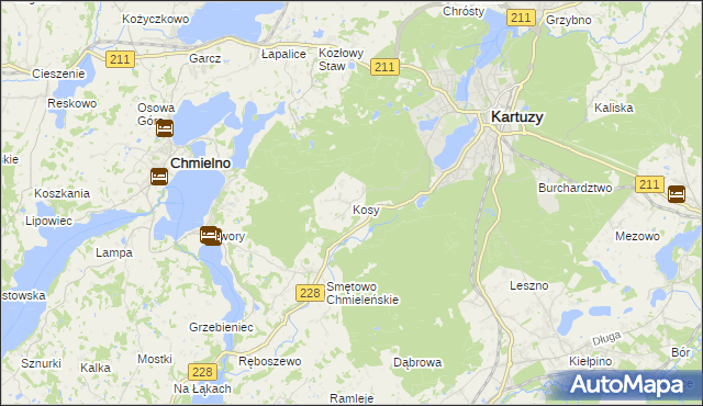 mapa Kosy gmina Kartuzy, Kosy gmina Kartuzy na mapie Targeo