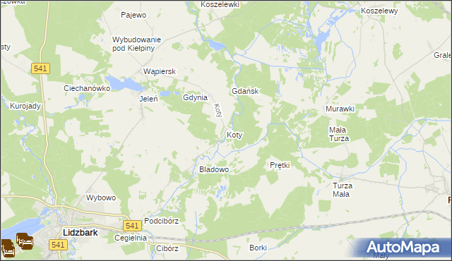 mapa Koty gmina Lidzbark, Koty gmina Lidzbark na mapie Targeo