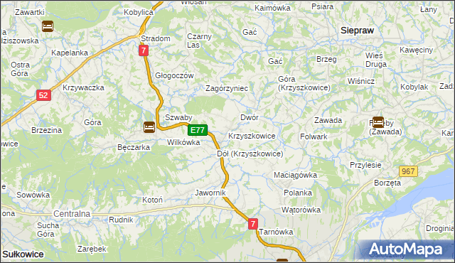 mapa Krzyszkowice gmina Myślenice, Krzyszkowice gmina Myślenice na mapie Targeo
