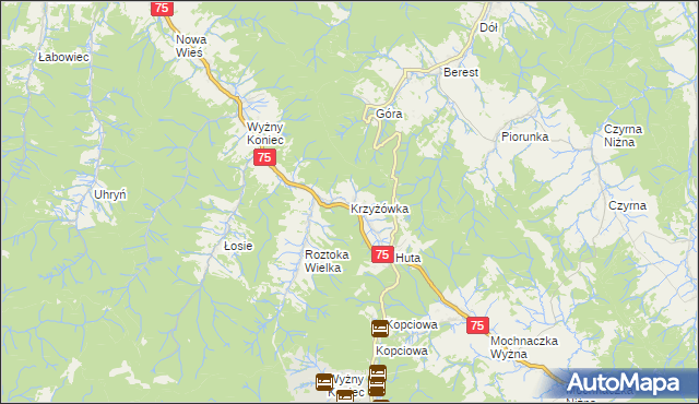 mapa Krzyżówka gmina Łabowa, Krzyżówka gmina Łabowa na mapie Targeo