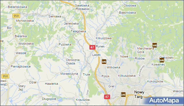 mapa Lasek gmina Nowy Targ, Lasek gmina Nowy Targ na mapie Targeo