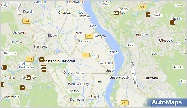 mapa Łęg gmina Konstancin-Jeziorna, Łęg gmina Konstancin-Jeziorna na mapie Targeo
