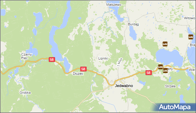 mapa Lipniki gmina Jedwabno, Lipniki gmina Jedwabno na mapie Targeo