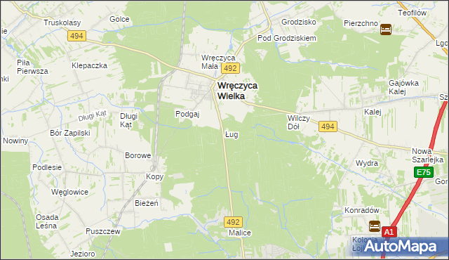 mapa Ług gmina Wręczyca Wielka, Ług gmina Wręczyca Wielka na mapie Targeo